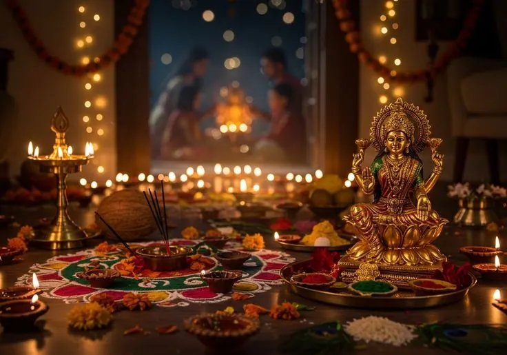 Authentic Vedic Puja arrangement with traditional lamps
