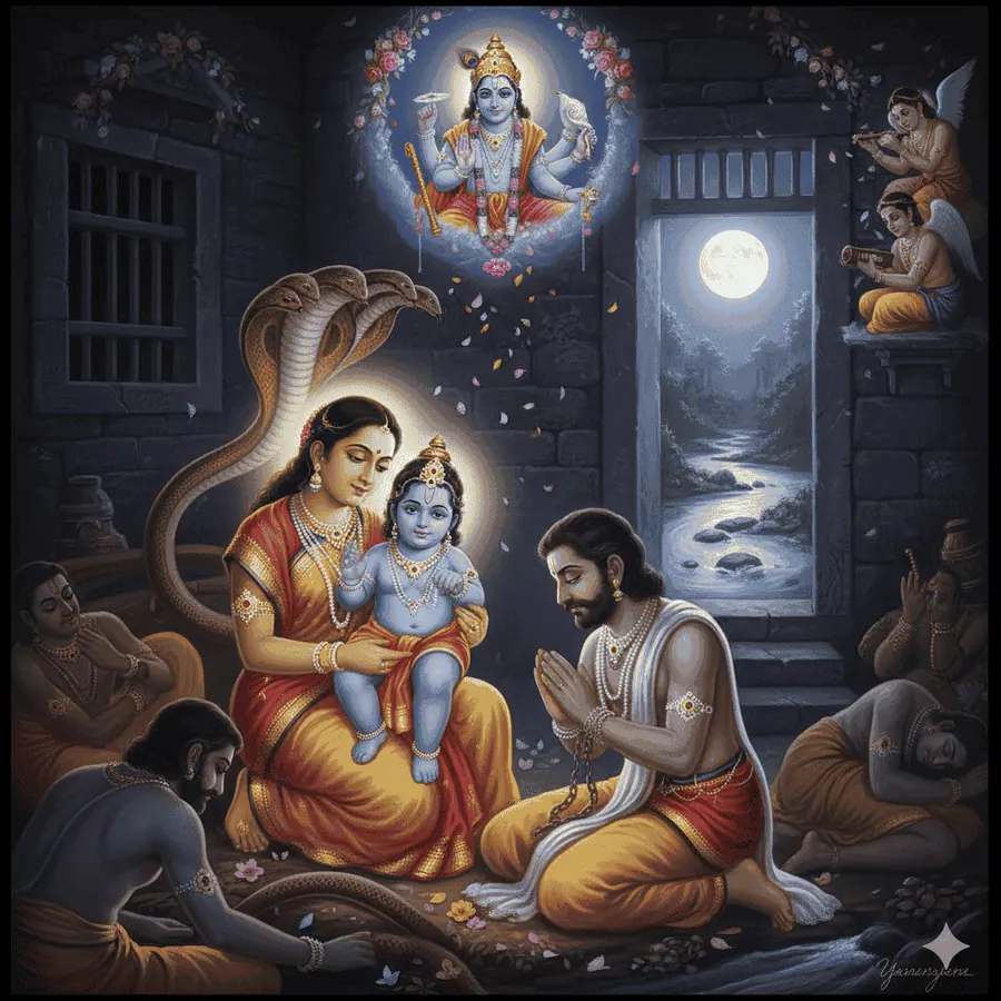 Krishna Janmashtami Puja arrangement with bhog, flowers, and devotional decoration